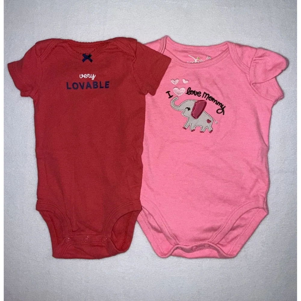 Jumping Beans and Carters Baby Girl Bodysuits Set 2 Pack Pink Red 3 Months GUC